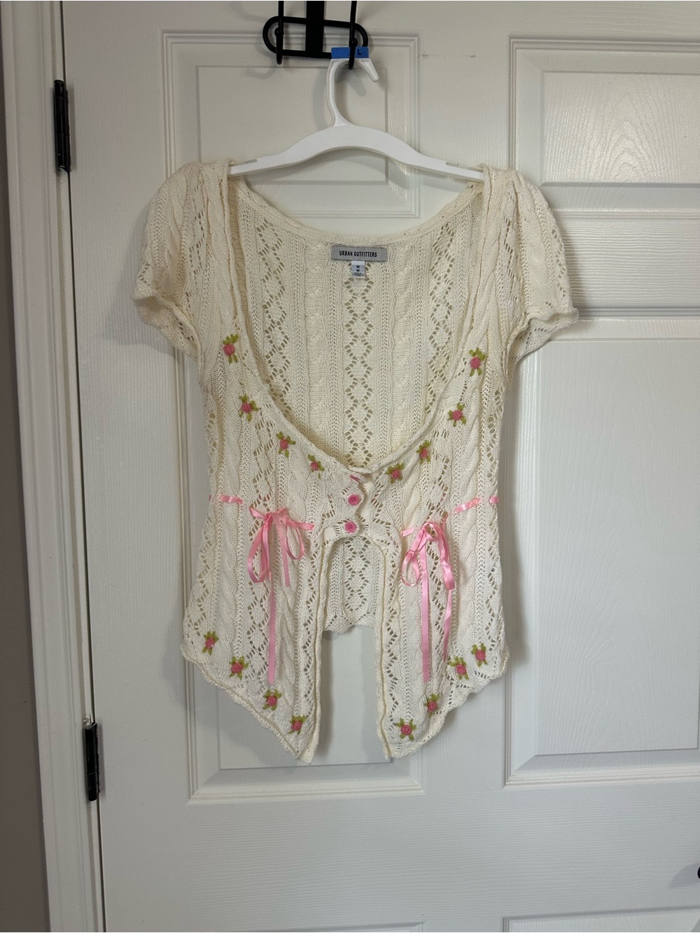 Urban Outfitters Cream Crochet Tie-Front Top with Pink Ribbon